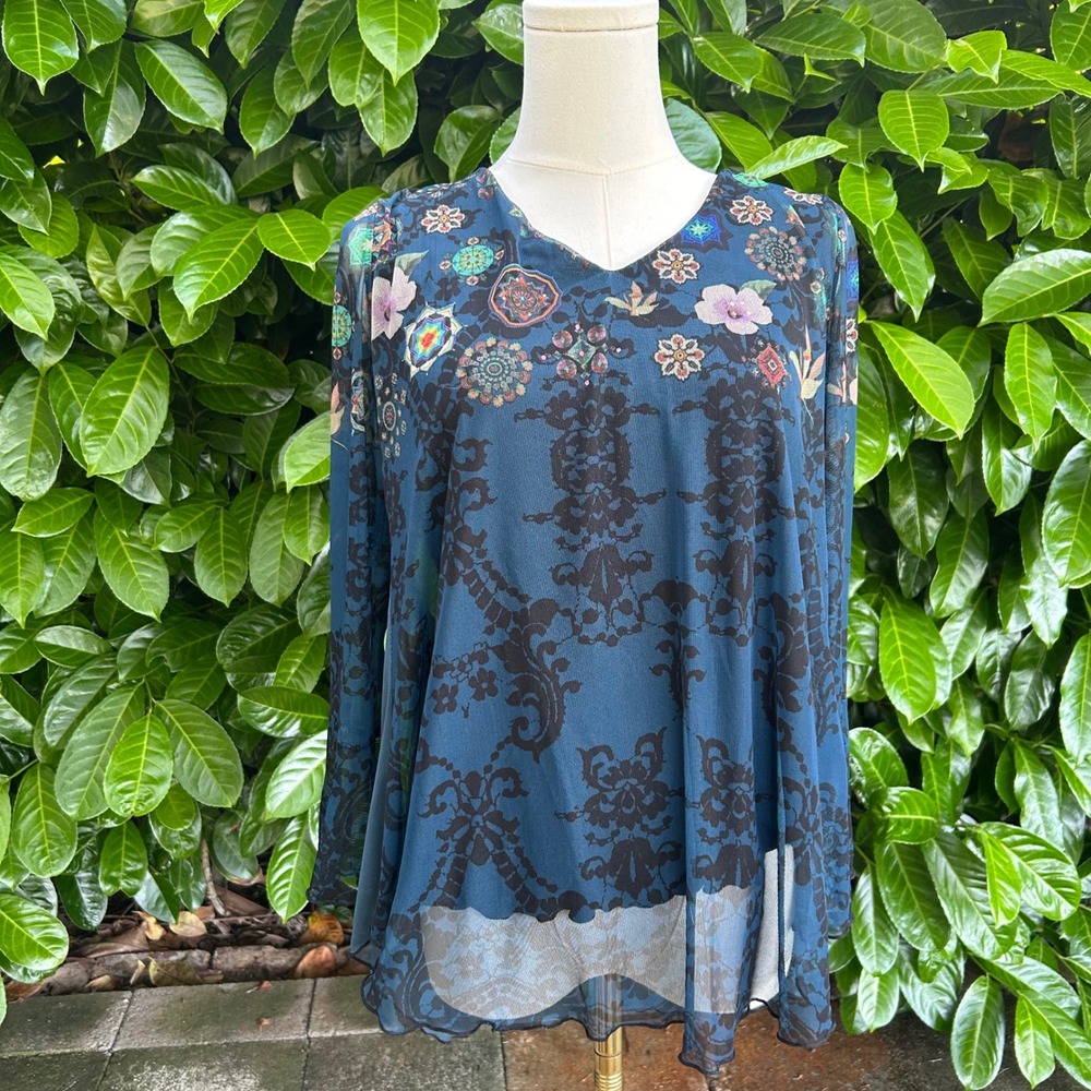 vintage‎ 90's whimsical whimsigoth floral blue mesh layered top